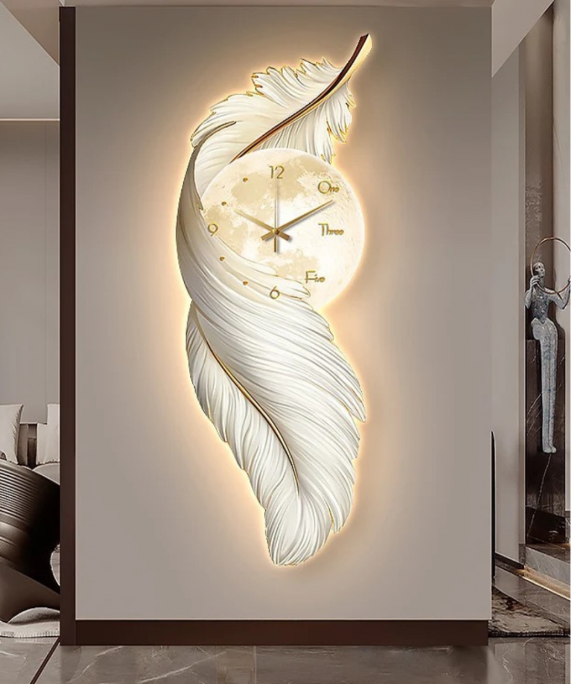 Decoration Home Wall Feather Clock MDF With Light Hight Quality