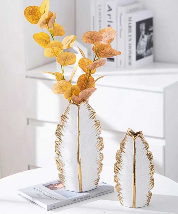 Nordic White Gold Electroplating Leaf Ceramic Vase
