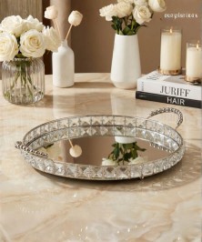 ZEYVE SILVER SQUARE STONE ROUND TRAY LARGE 43x35x6cm