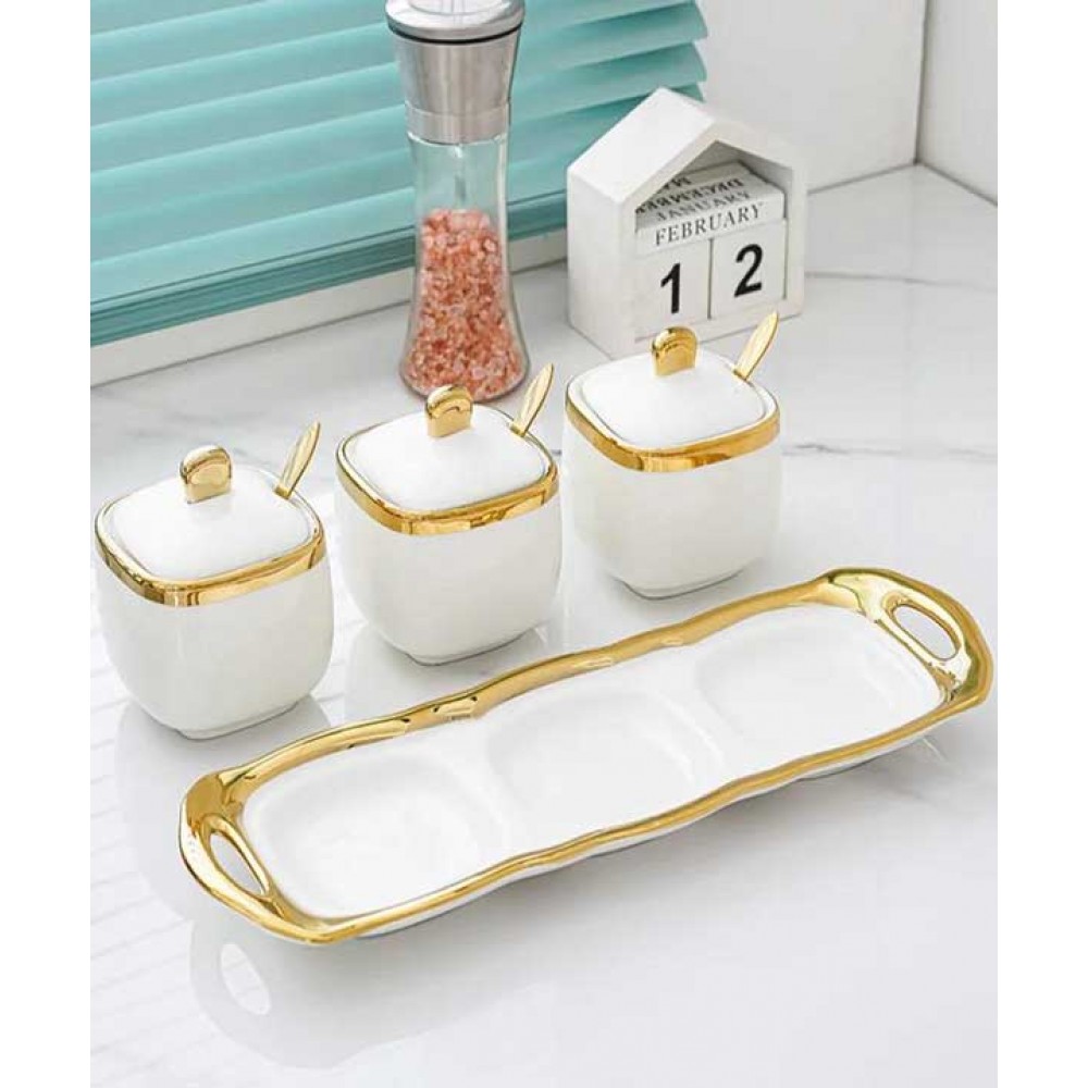 Ceramic Spice Jars With Lid White & Gold