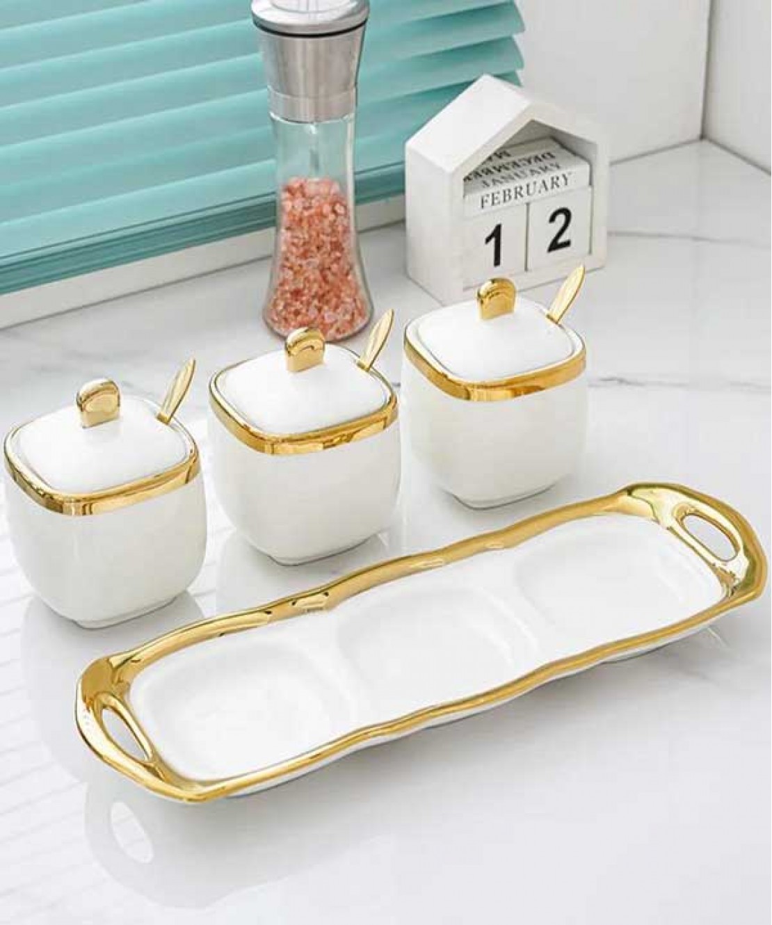 Ceramic Spice Jars With Lid White & Gold