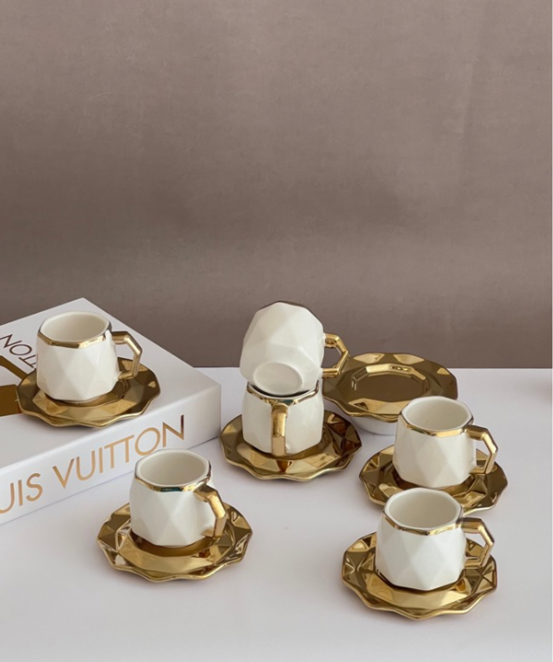 Anella 6 Person Coffee Cup Set White and Gold Color