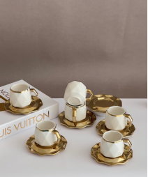 Anella 6 Person Coffee Cup Set White and Gold Color