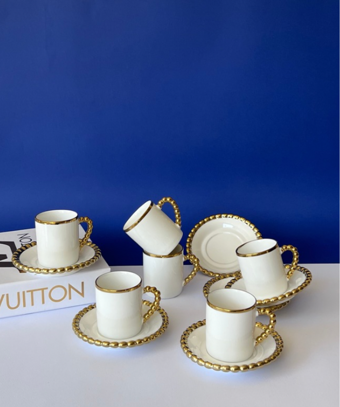 Modern 6 Person Coffee Cup Set White and Gold Color