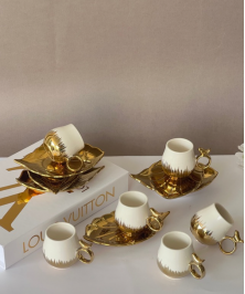 6 Person Coffee Cup Set White and Gold Color