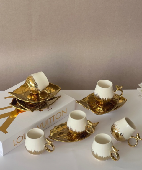 6 Person Coffee Cup Set White and Gold Color