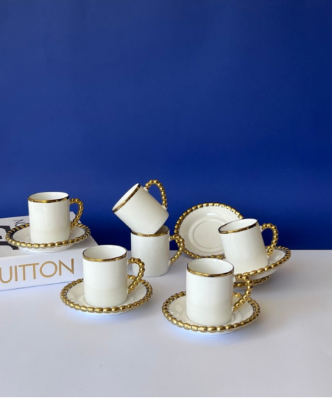 Modern 6 Person Coffee Cup Set White and Gold Color