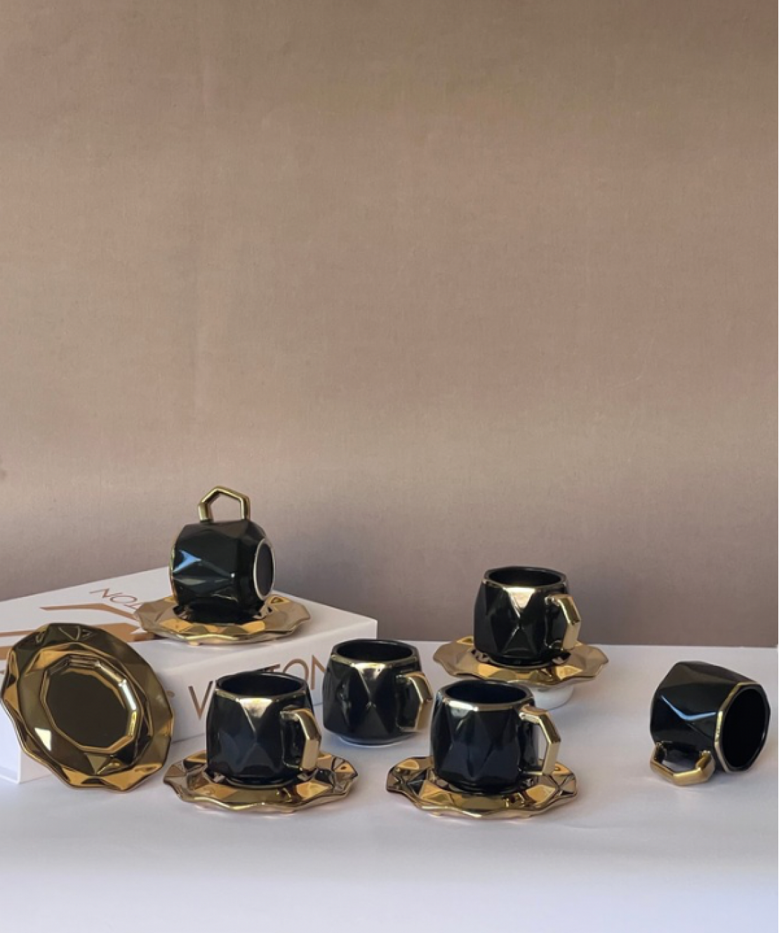 Anella 6 Person Coffee Cup Set White and Gold Color