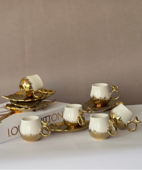 6 Person Coffee Cup Set White and Gold Color