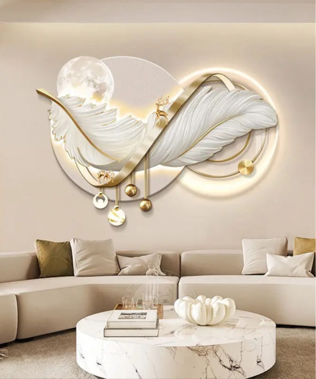 Decoration Home Wall Feather Moon MDF With Light