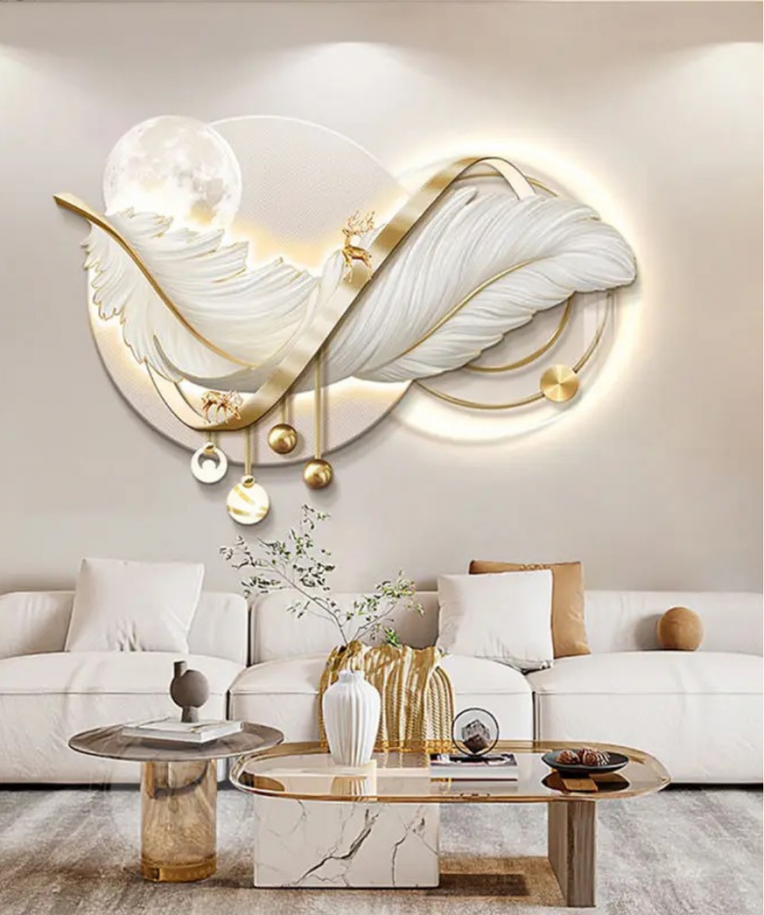 Decoration Home Wall Feather Moon MDF With Light