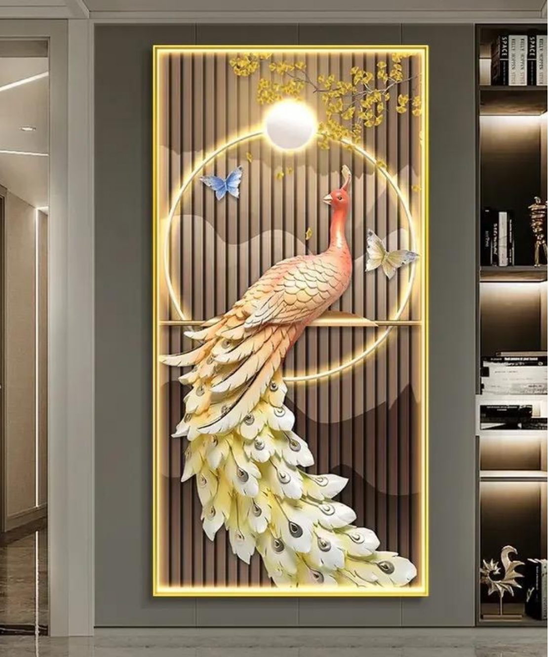 Decoration Home Wall Painting Orange Preacock With Led