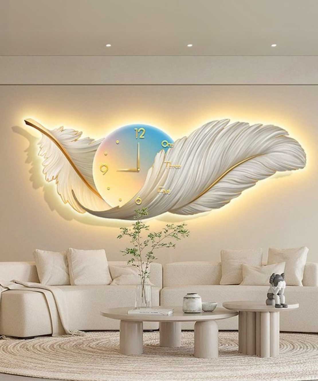 Crystal Feather Clock Wall Painting With Led Light 50*150 Cm