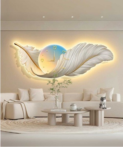 Crystal Feather Clock Wall Painting With Led Light 50*150 Cm