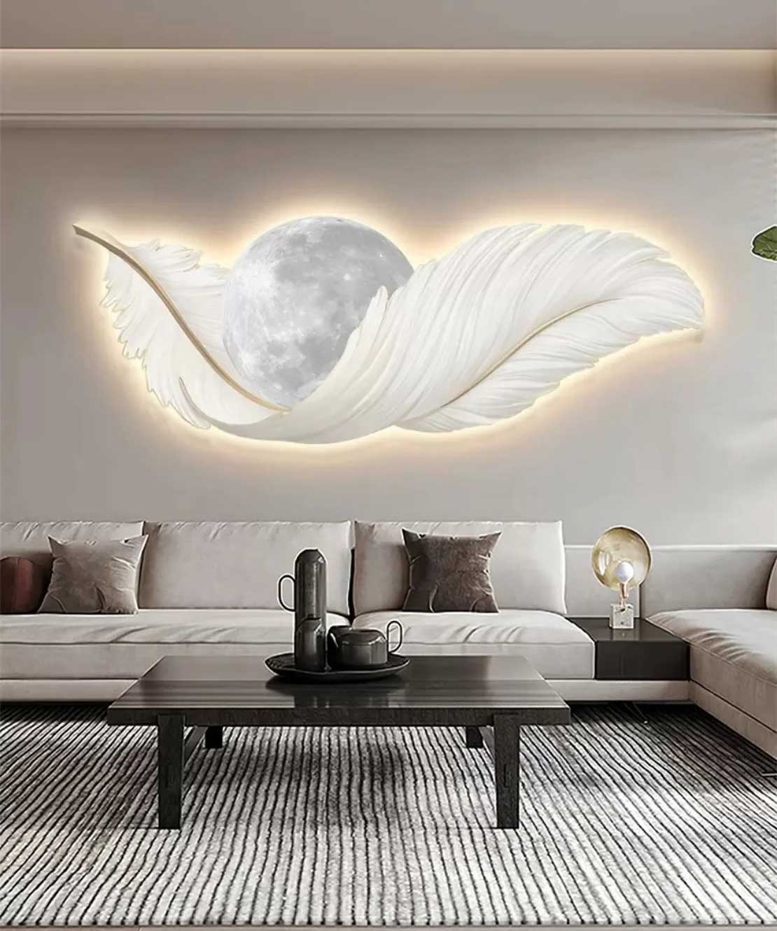 Crystal Feather Yellow Grey  Wall Painting With Led Light 50*150 Cm