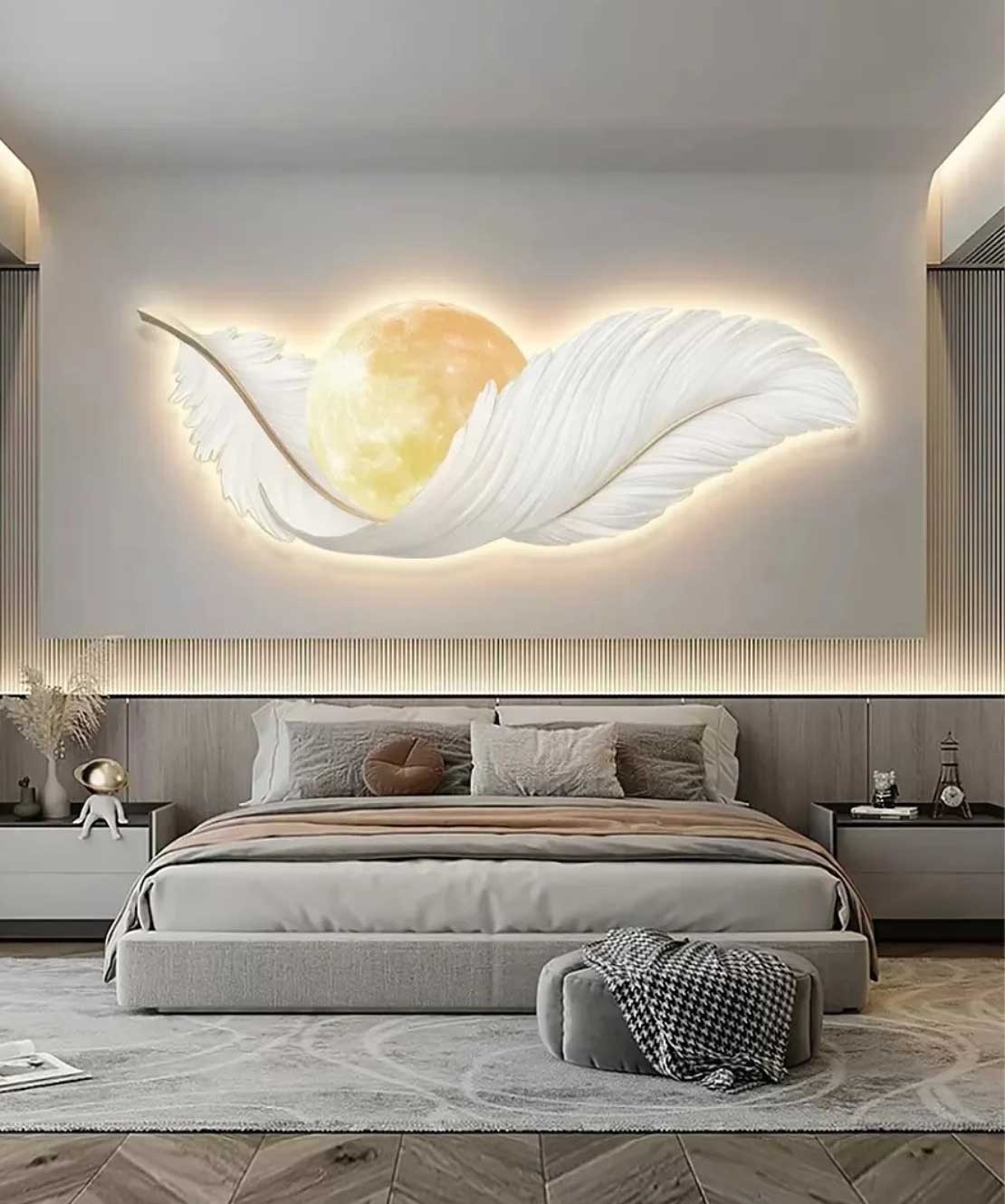 Crystal Feather Yellow Moon Wall Painting With Led Light 50*150 Cm