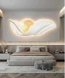 Crystal Feather Yellow Moon Wall Painting With Led Light 50*150 Cm