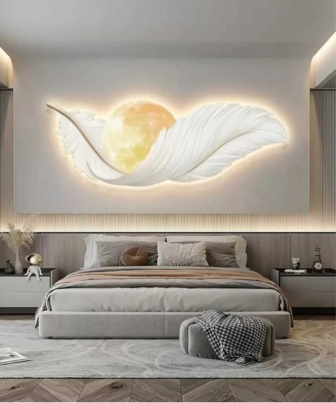 Crystal Feather Yellow Moon Wall Painting With Led Light 50*150 Cm