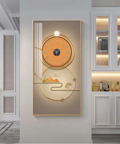 Crystal Orange Gold Clock Painting With Led Light 70*140 Cm