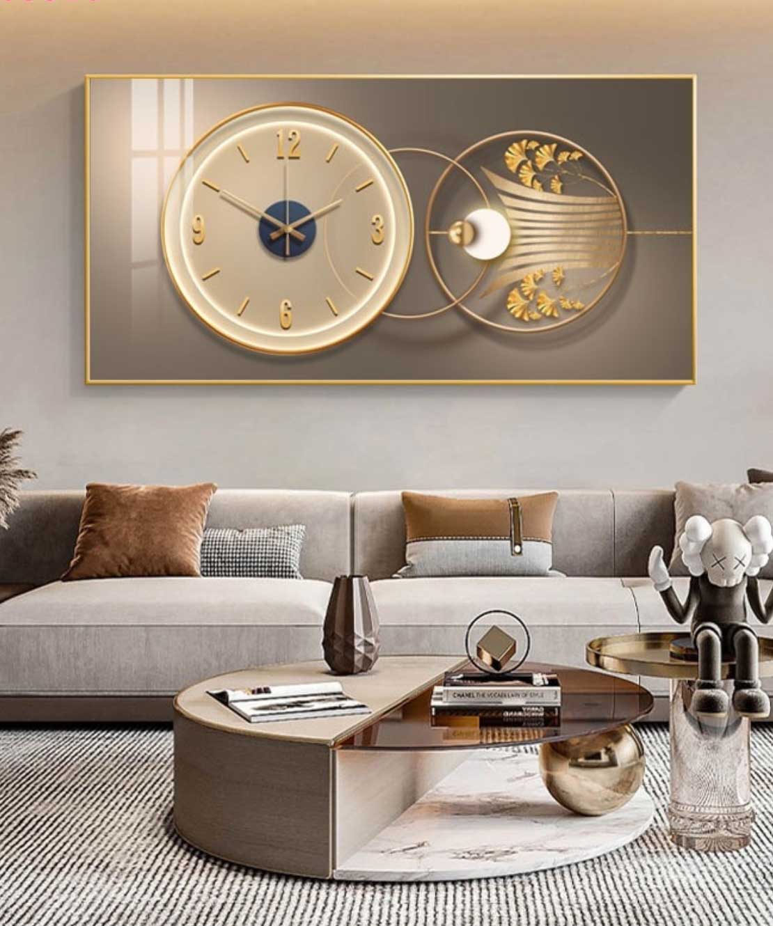 Wall Painting Clock 60*20cm With Led Light Brown And Gold