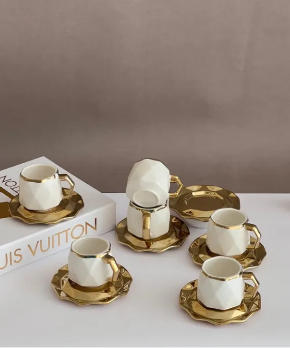 Anella 6 Person Coffee Cup Set White and Gold Color