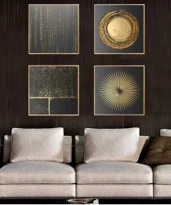 Gold Frame 60*60 Cm 3D Effect Gray And Gold Crytsall Porsalein Painting 