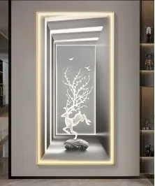 Ghazzele Grey And White Crystall Painting With Led Light Gold Frame