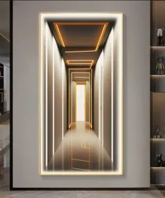 Gold Frame Modern 3D Effect Crystall Procelein Painting With Lighting