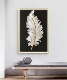 Gold Frame 80*120 Cm Feather White And Black Crytsall Porsalein Painting 